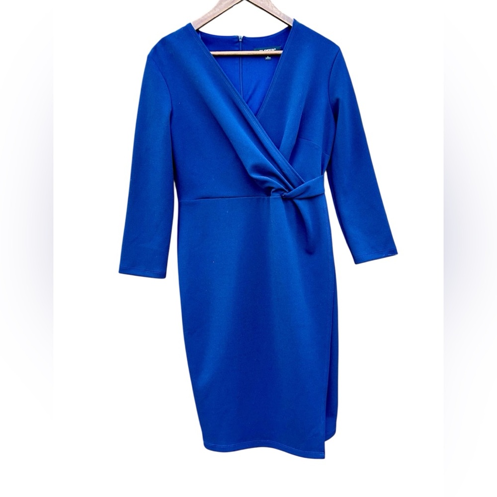 Glamour Ruched Dress Midi Navy Blue Career Sz. 6